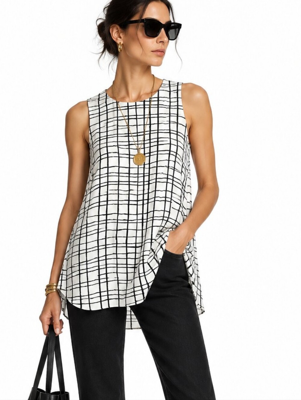 ASTR Graphic Black and White Sleeveless Tunic Blouse